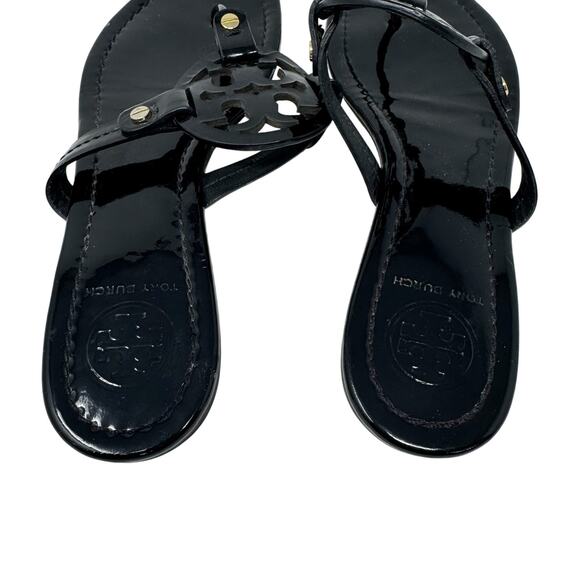 TORY BURCH Black Patent Leather Miller Classic Designer Logo Sandals Size 8.5 - Picture 6 of 10